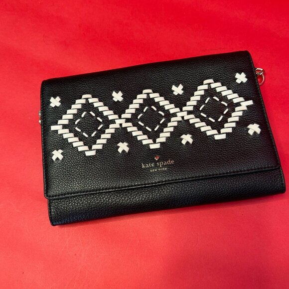 Kate Spade Black & White Woven Unique Crossbody Bag – Boho Geometric Chain Strap - Picture 3 of 11